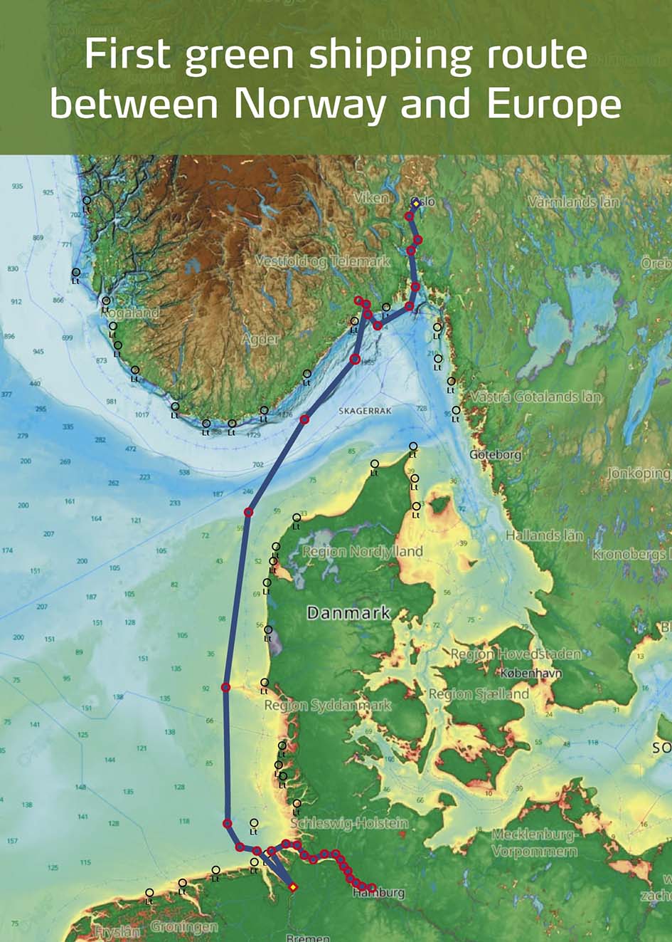 Illustration of first green shipping route between Norway and Europe