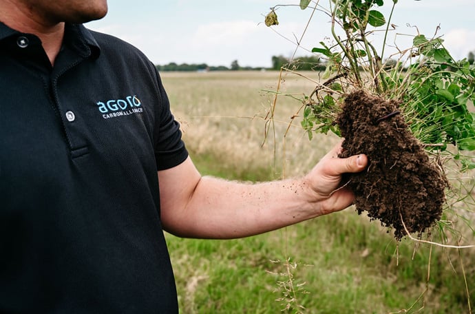 Agoro farmer holding a patch of soil